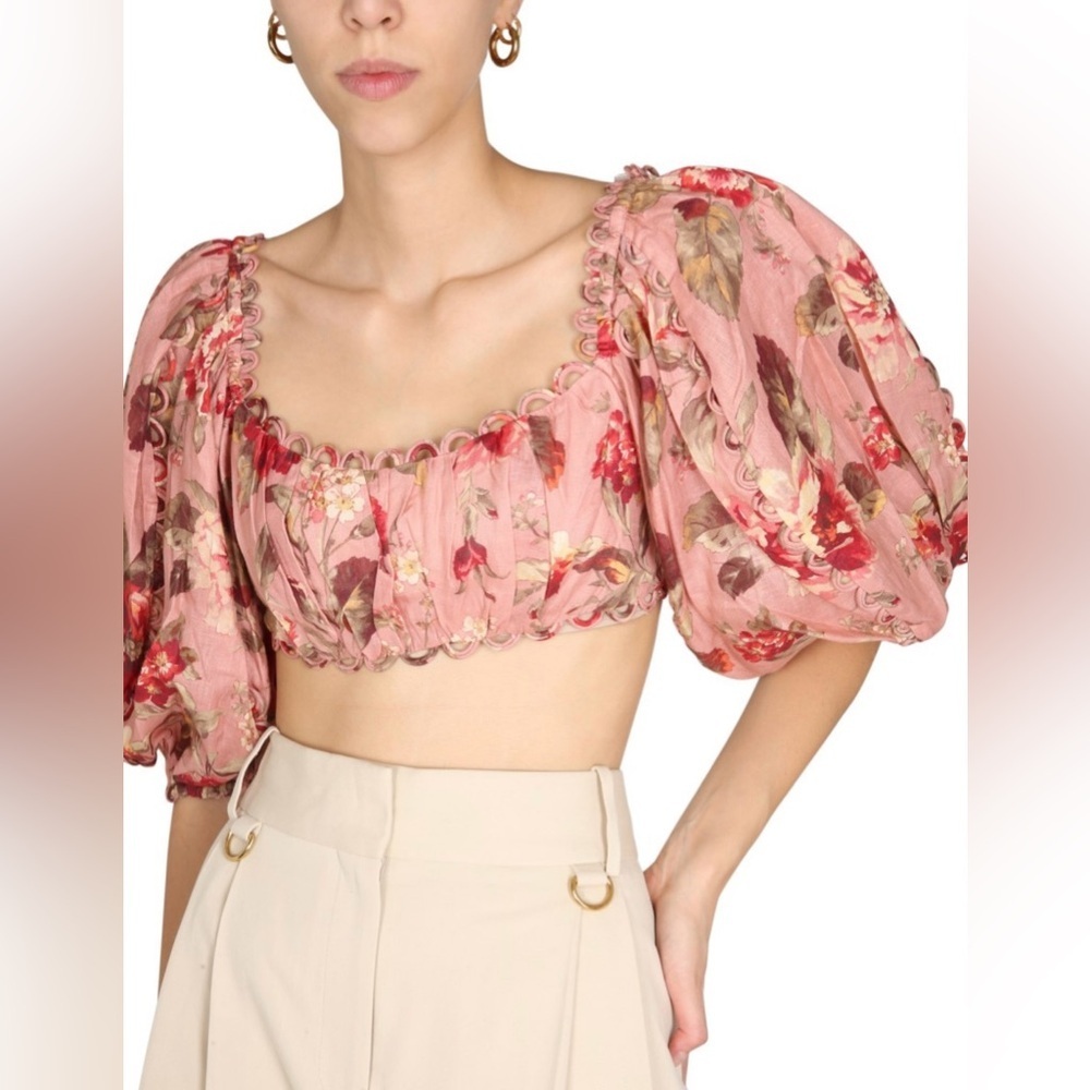 Zimmermann Cassia Cropped Scalloped Floral Print linen Top size 1 - Picture 2 of 8
